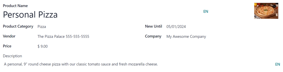 Vörueyðublað útfyllt fyrir níu tommu pizzu.