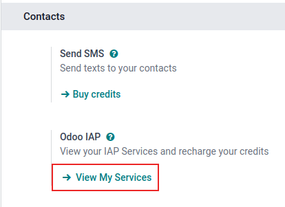 Stillingarforritið sem sýnir Odoo IAP fyrirsögnina og View My Services hnappinn.