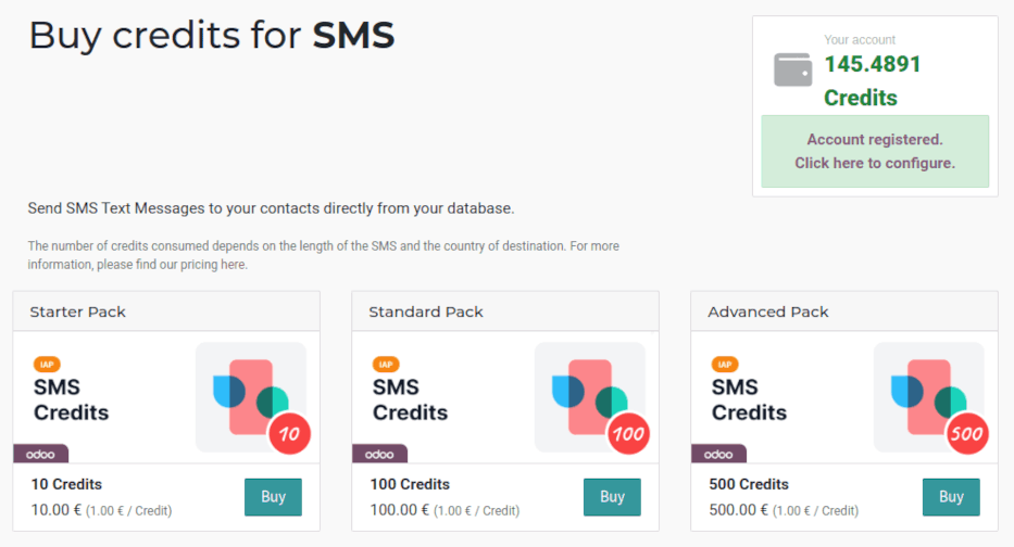 SMS þjónustusíðan á IAP.Odoo.com með fjóra pakka af einingum til kaups.