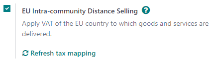EU intra-community Distance Selling eiginleikinn í stillingum Odoo Bókhalds
