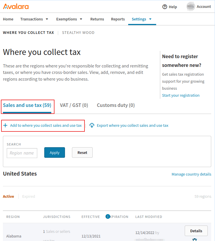 AvaTax stjórnborð, á síðunni Where you collect tax, með bæta-við-hnappinn og Sales and use tax flipann auðkennda.