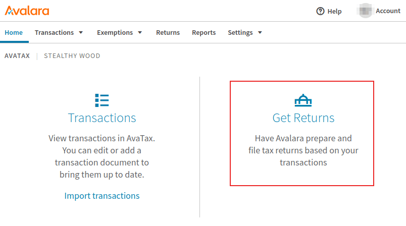Avalara gátt með Returns flýtileiðina auðkennda.