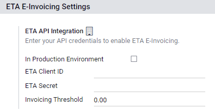 Stilling ETA E-Invoicing aðgangslykla í Odoo Bókhaldi