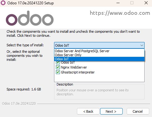 Val á "Odoo IoT" við uppsetningu Odoo Community