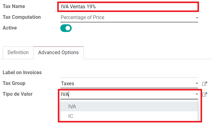Reitirnir ICA, IVA og Fuente í flipanum Advanced Options í Odoo.