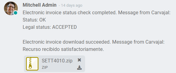 ZIP-skrá birt í spjallþræði reiknings í Odoo.