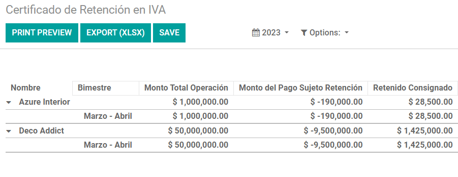 Certificado de Retención en IVA skýrsla í Odoo Bókhaldi.