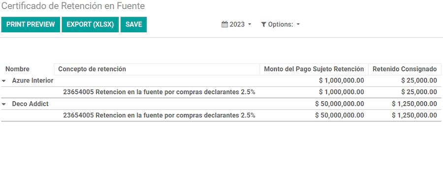 Certificado de Retención en Fuente skýrsla í Odoo Bókhaldi.
