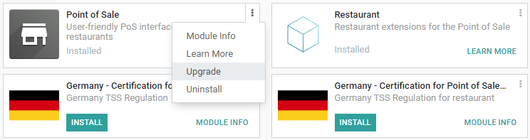 Uppfærsla á Odoo kassakerfi úr Apps mælaborðinu
