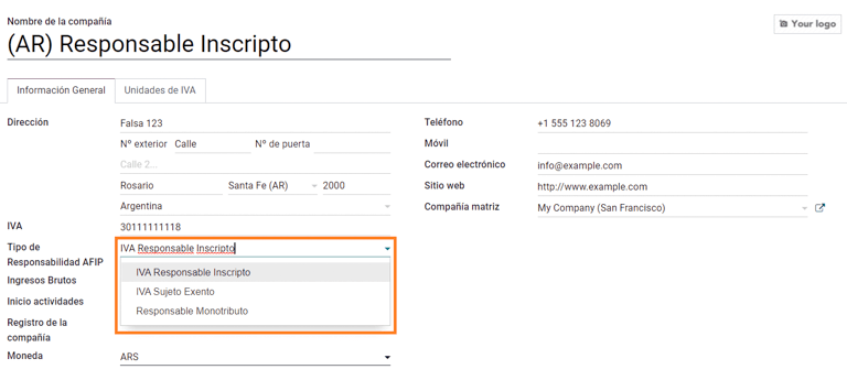 Veldu AFIP Responsibility Type.