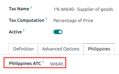 Philippines ATC kóðareitur stilltur á skatta.