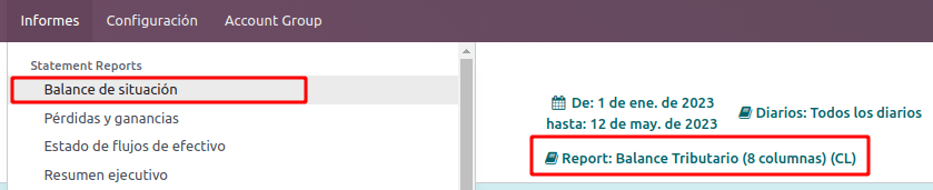 Staðsetning á Reporte Balance Tributario de 8 Columnas.