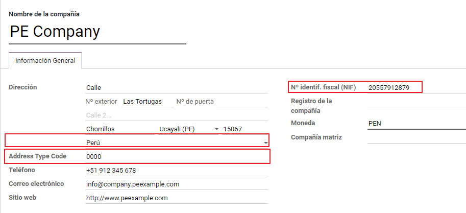 Fyrirtækjagögn fyrir Peru, þar á meðal RUC og Address type code.