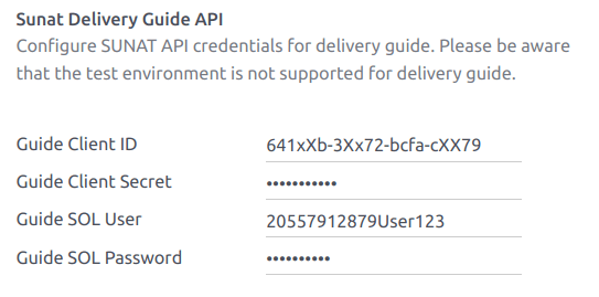 Dæmi um stillingar fyrir SUNAT Delivery Guide API hlutann.