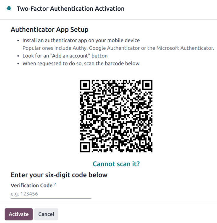 QR-kóði fyrir 2FA í Odoo.