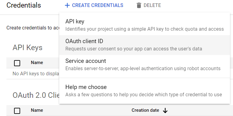 Val á OAuth Client ID.