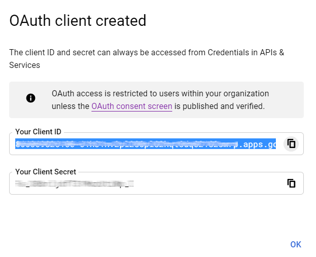 Búinn til Google OAuth Client ID.