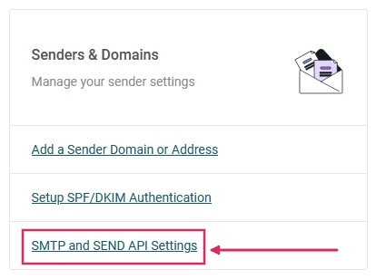SMTP and Send API Settings tengill í Senders & Domains hlutanum í Mailjet.