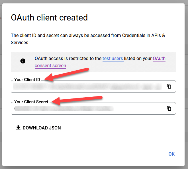 Client ID og Client Secret fyrir Google OAuth.