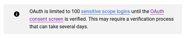 OAuth er takmarkað við 100 innskráningar með viðkvæmt umfang.