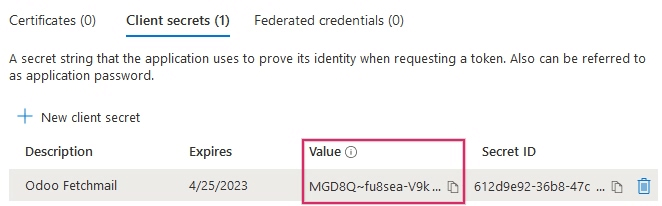 Client Secret Value eða Value í skilríkjum forritsins.