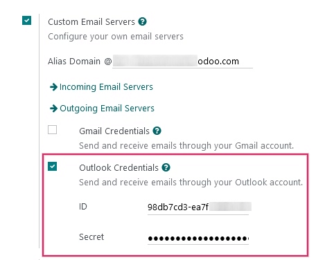 Outlook-skilríki í almennum stillingum Odoo.
