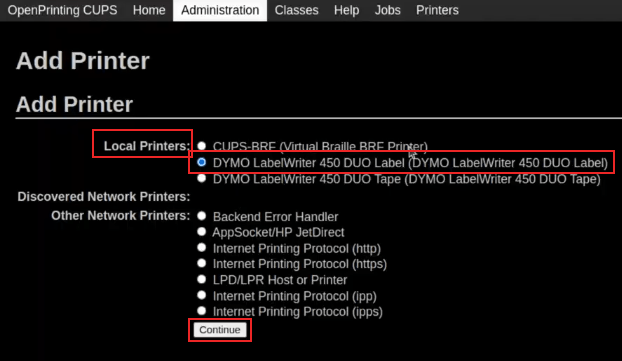 Bæta við prentara í OpenPrinting CUPS, DYMO LabelWriter 450 DUO Label valinn.