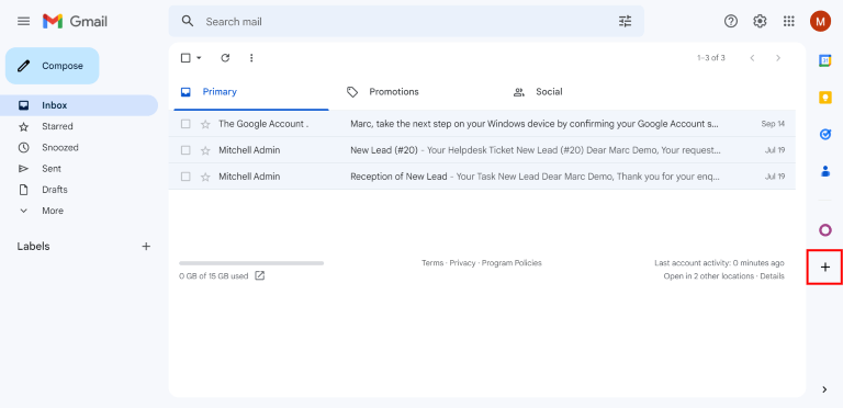 Plús-tákn í hliðarstiku Gmail-pósthólfs.