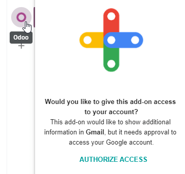 Hnappurinn Authorize Access í hægri hliðarramma Odoo-viðbótar.