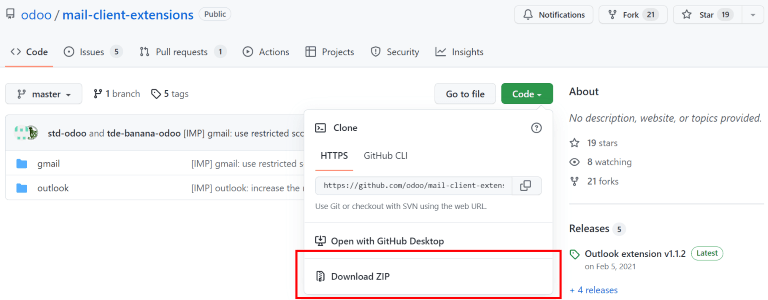 Sækja ZIP-skrá úr Odoo GitHub-geymslu fyrir Mail Plugins.