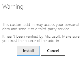 Viðvörun við uppsetningu sérsniðinnar viðbótar í Outlook