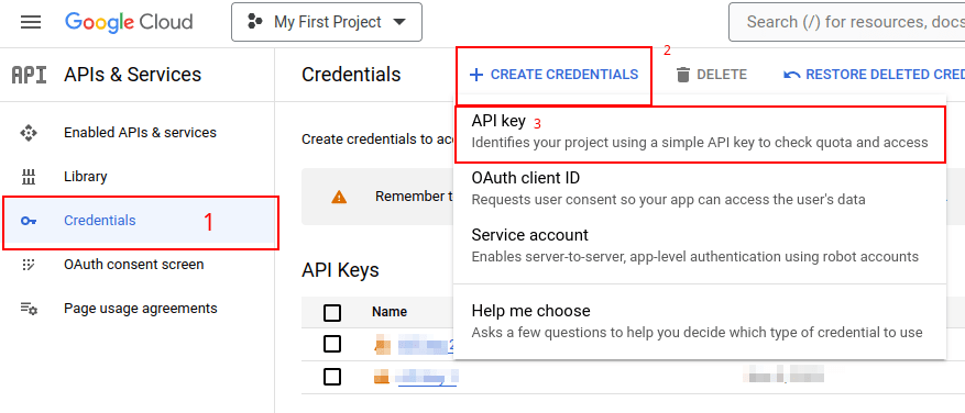 Búa til API-lykil í Google API Console.