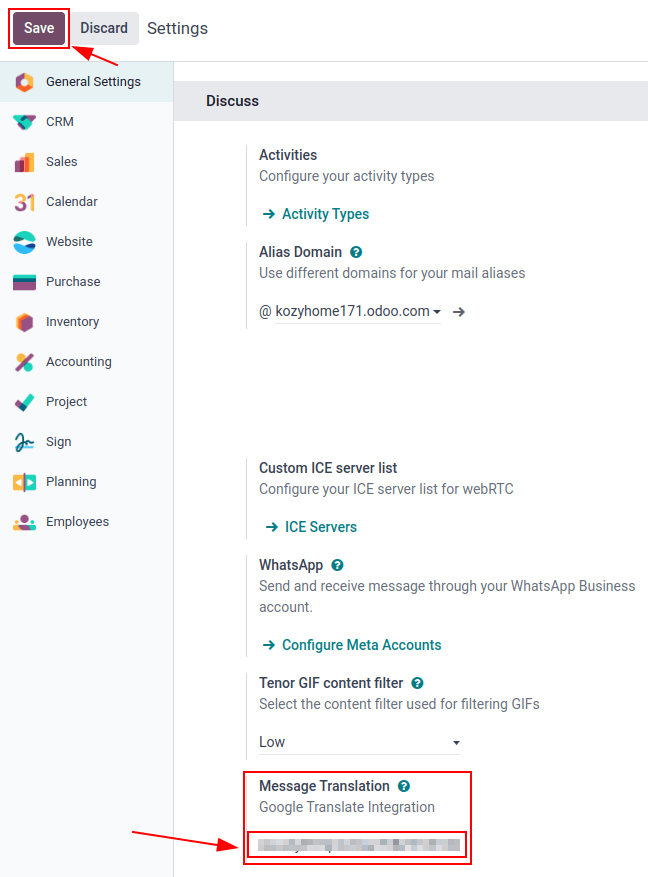 Uppsetning API-lykilsins í Odoo úr Google API Console.