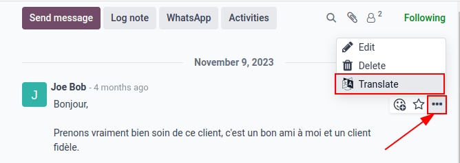 Google Translate í chatter í Odoo gagnagrunni.