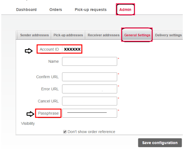 Í flipanum Admin birtast Account ID og Passphrase.