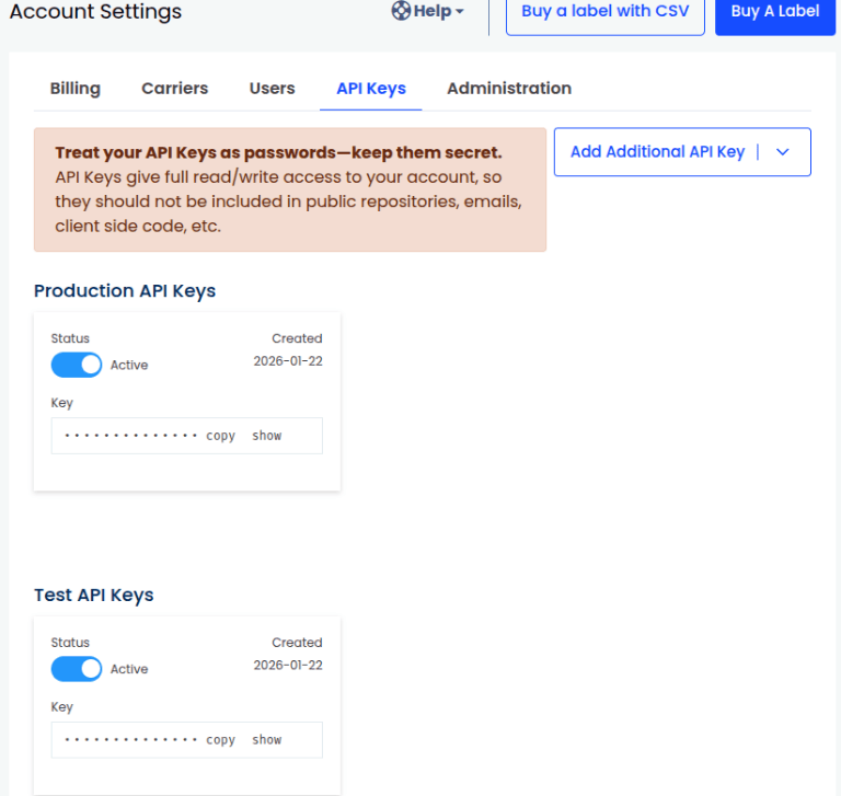 Búa til API-lykla á EasyPost-síðunni API Keys.
