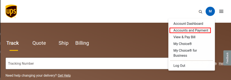 Sýnir hvernig farið er á „Accounts and Payment“ frá forsíðu.