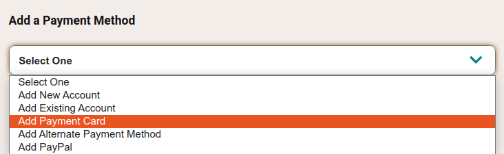Sýnir valkostinn „Add Payment Card“ í fellivalmynd.