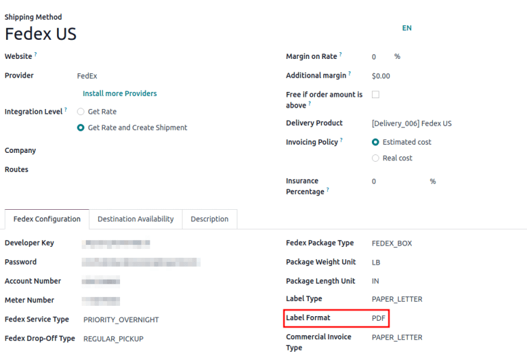 Sýnir reitinn Gerð miða á stillingasíðu FedEx fyrir sendingaraðferð.