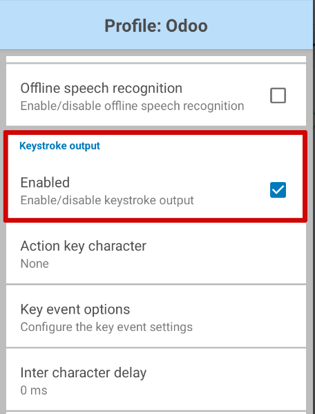 Keystroke-valkostur sýndur í DataWedge forriti Zebra-lesara