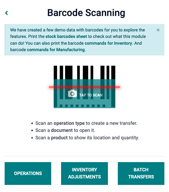 Upphafsskjár Barcode með skanna.