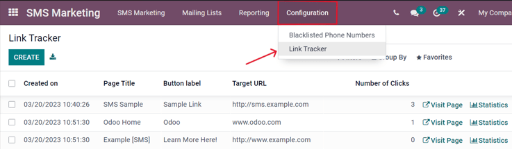 Síða Link Tracker fyrir SMS.