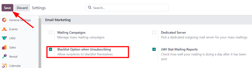 Stilling fyrir svartlistunarvalkost við afskráningu í stillingum Email Marketing.