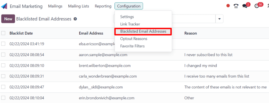 Yfirlit yfir tölvupóstföng á svartlista í Email Marketing.