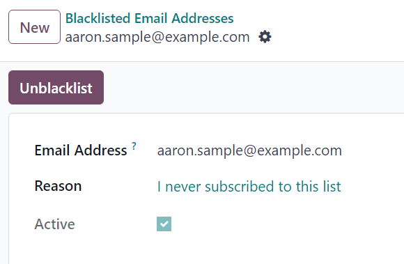 Upplýsingasíða svartlistaðs tengiliðar í Email Marketing.