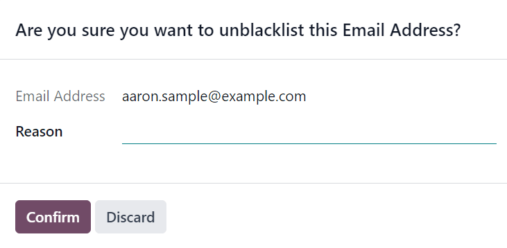 Sprettigluggi til að fjarlægja af svartlista í appinu Email Marketing.