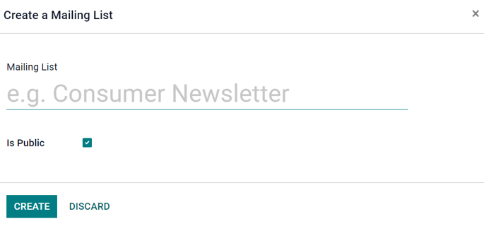 Skoðun á sprettiglugga póstlista í Odoo SMS Marketing.