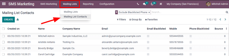 Skoðun á tengiliðum póstlista í Odoo SMS Marketing.