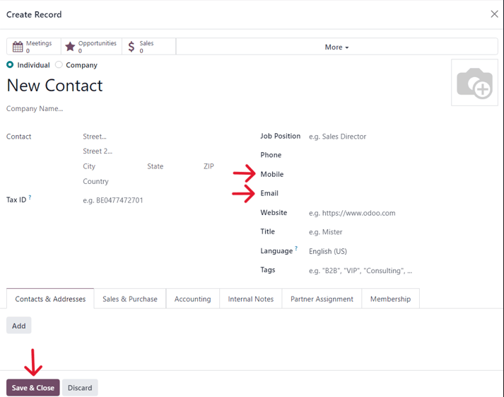 Autt tengiliðaform úr sprettiglugga Hefja prófun í Odoo Marketing Automation.