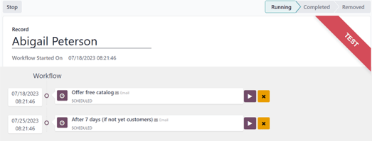 Prófunarskjár í Odoo Marketing Automation.
